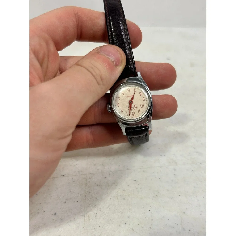 Vintage Mickey Mouse Watch‎ US Time Manual Wind Chrome Bezel Brown Leather Strap